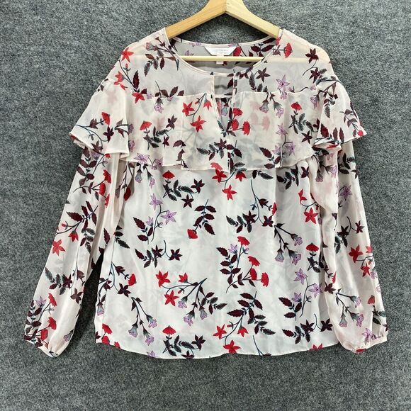 LC Lauren Conrad Blouse Women S Small White Floral Long Sleeve Round Neck Sheer - Picture 1 of 9